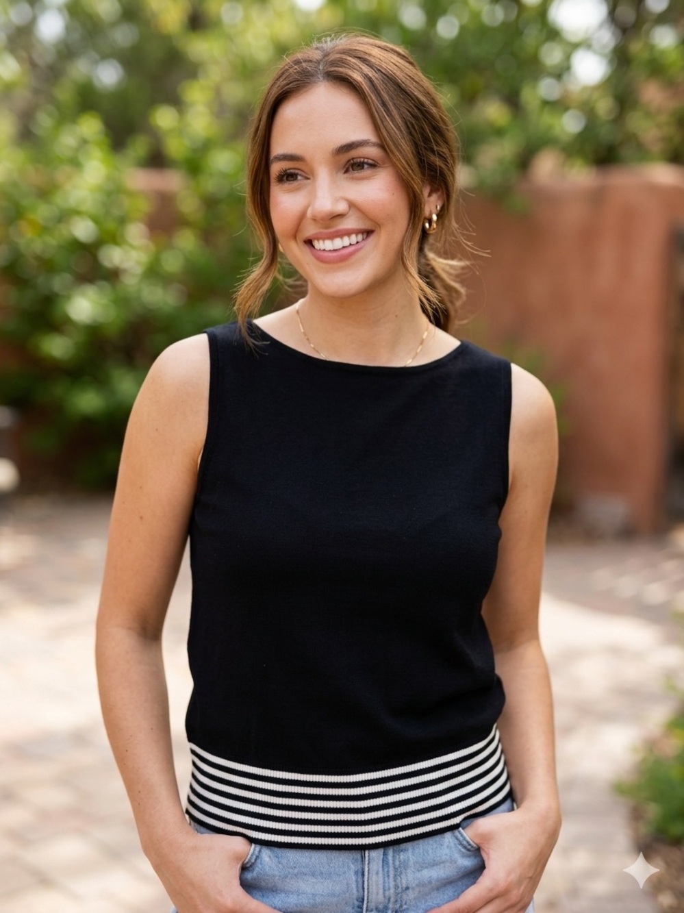 Black Sleeveless Knit Top with Striped Hem